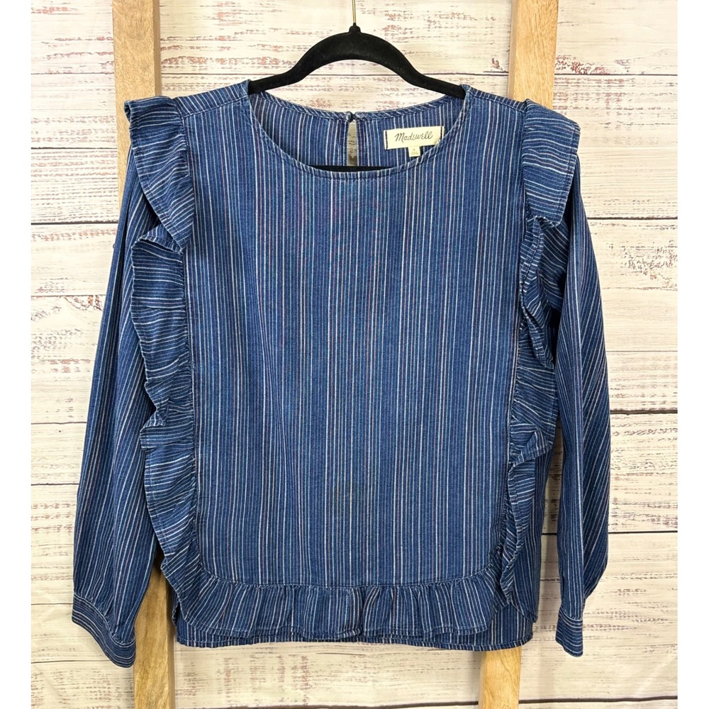 Madewell Blue Ruffle-Front Shirt in‎ Cecile Stripe Cotton Top Size Small